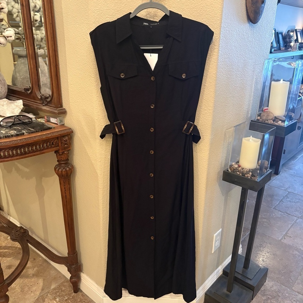NWT~ZARA Women Black Buttoned Tortoise Buckle Waist Maxi Dress Size Small